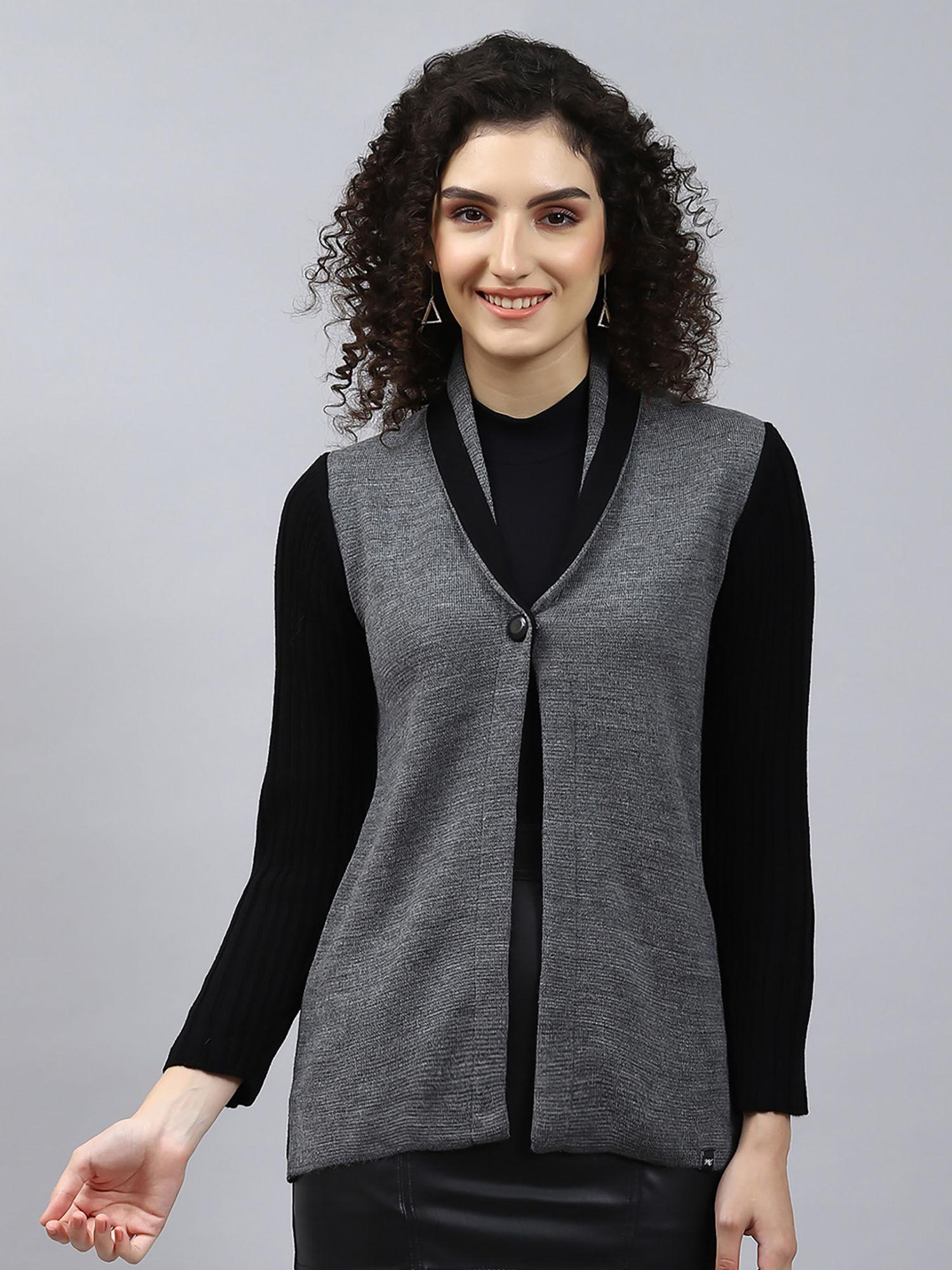 black grey solid collar cardigan