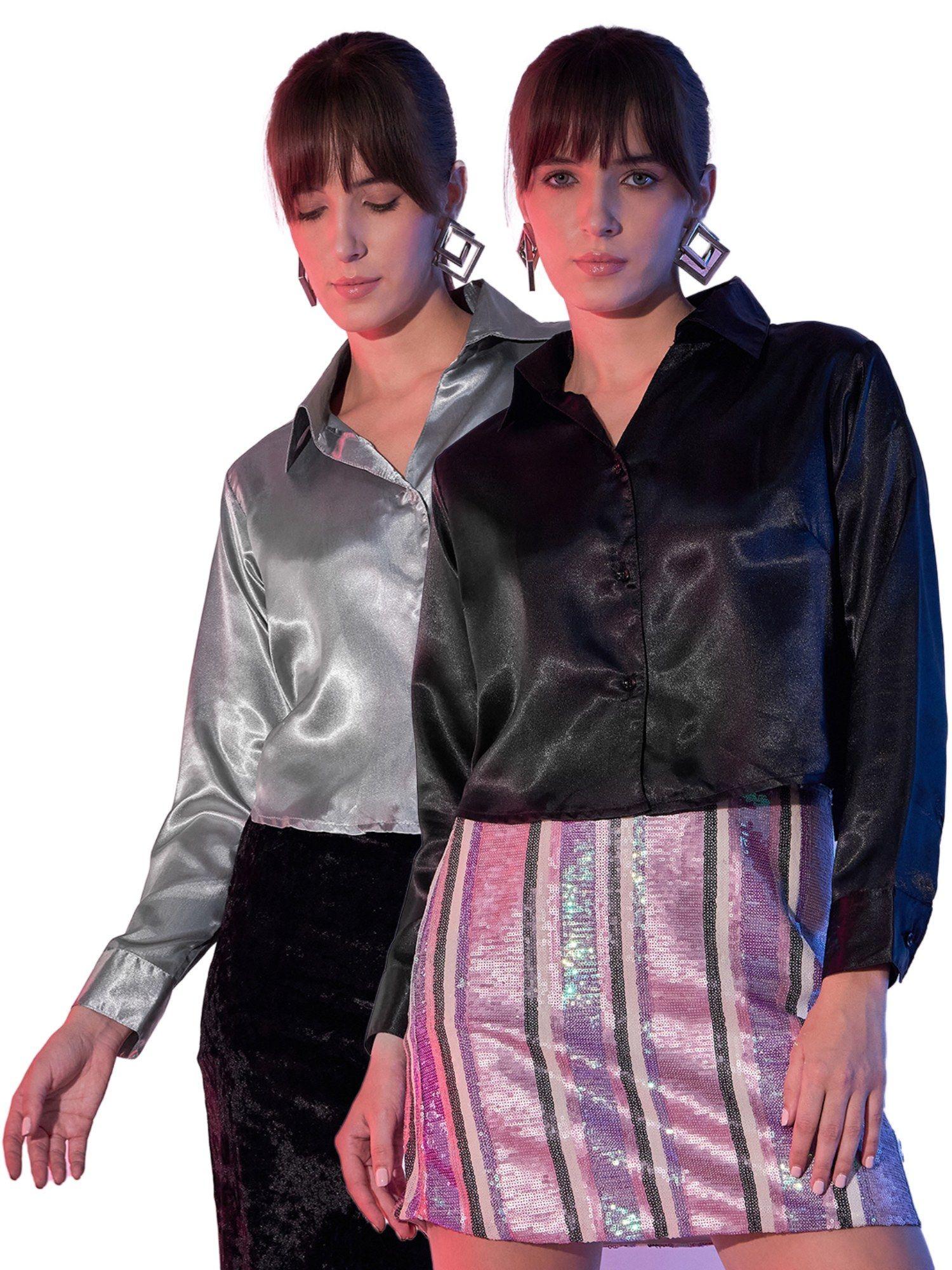 black grey womens cropped satin shirts combo (pack of 2)