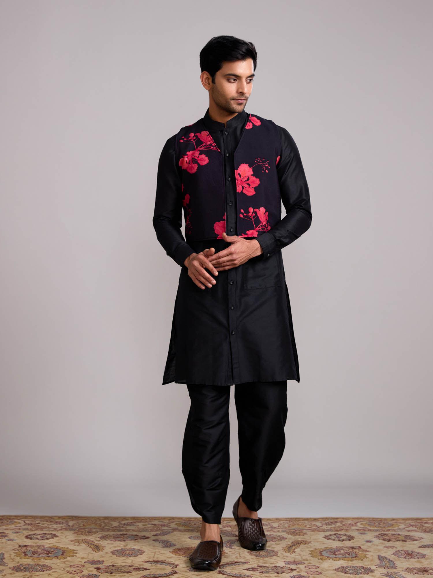 black gulmohar print jacket with mandarin collar straight kurta (set of 2)