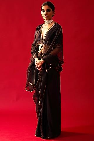 black habutai silk & organza embellished saree