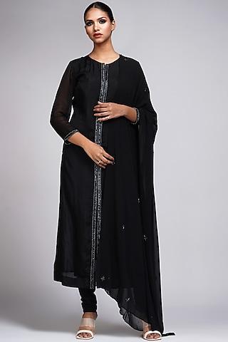 black habutai silk embroidered kurta set