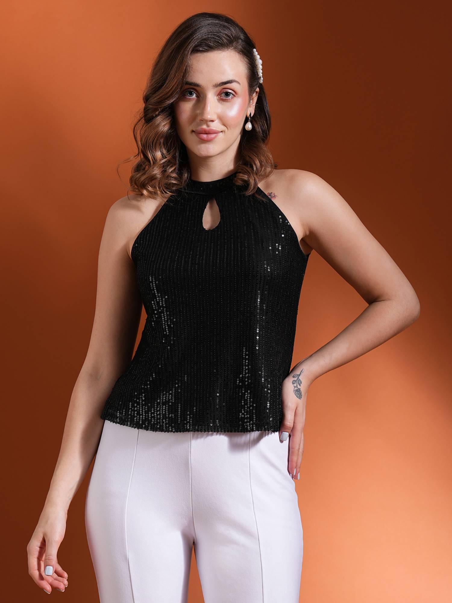 black halter neck sequined party top