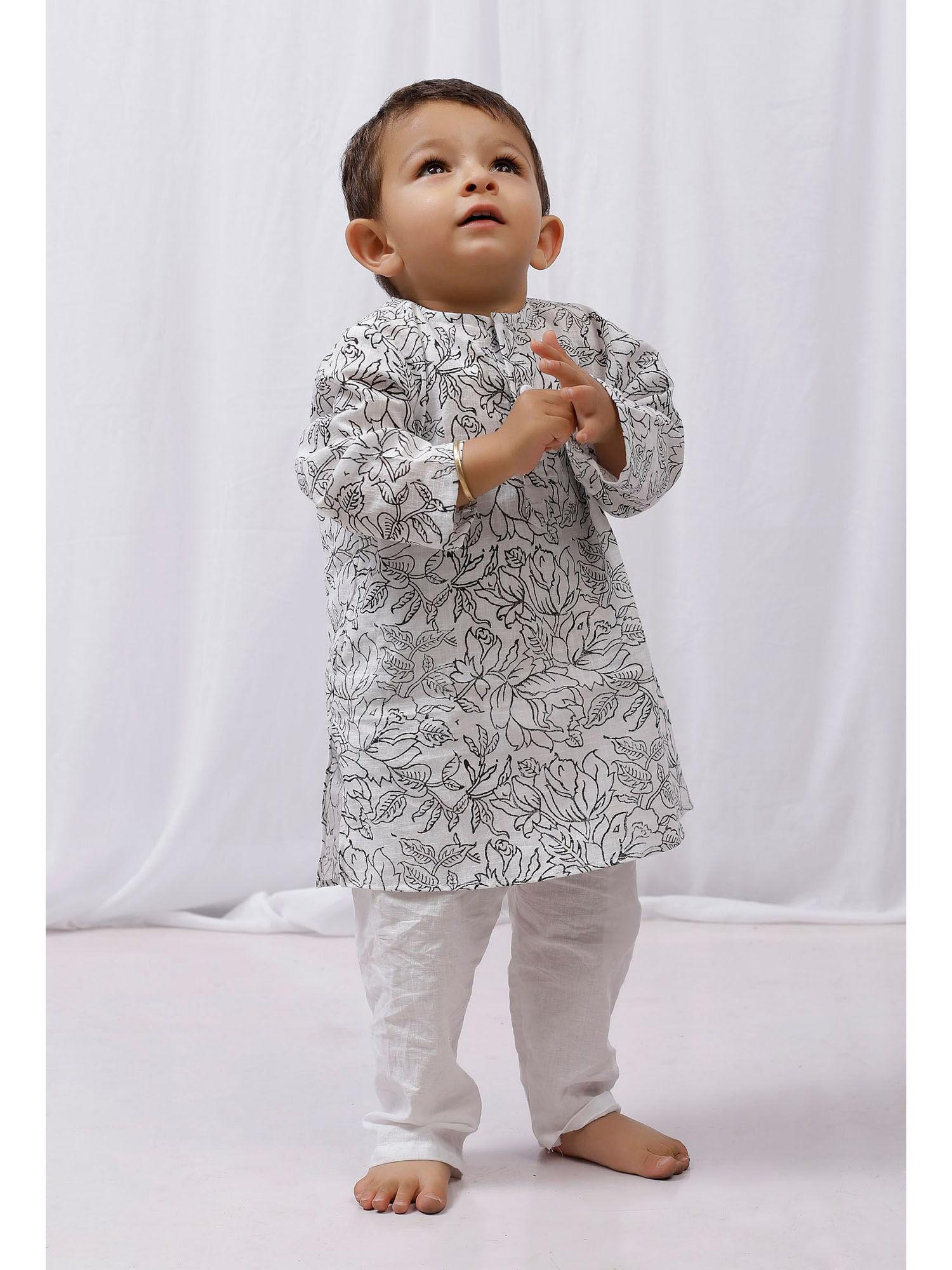 black hand block printed cotton kurta and white pyjama (set of 2)