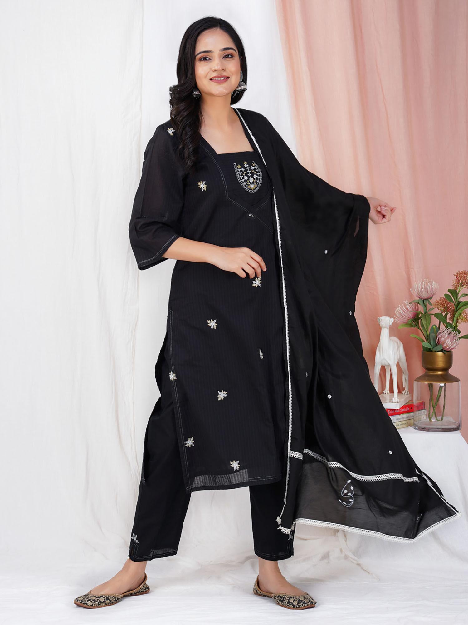 black hand embroidered cotton angrakha kurta with matching pant & dupatta (set of 3)