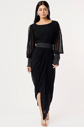 black hand embroidered gown with belt