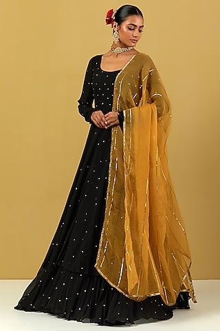 black hand embroidered gown with dupatta