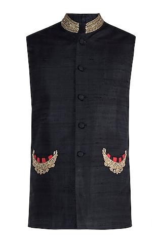 black hand embroidered nehru jacket