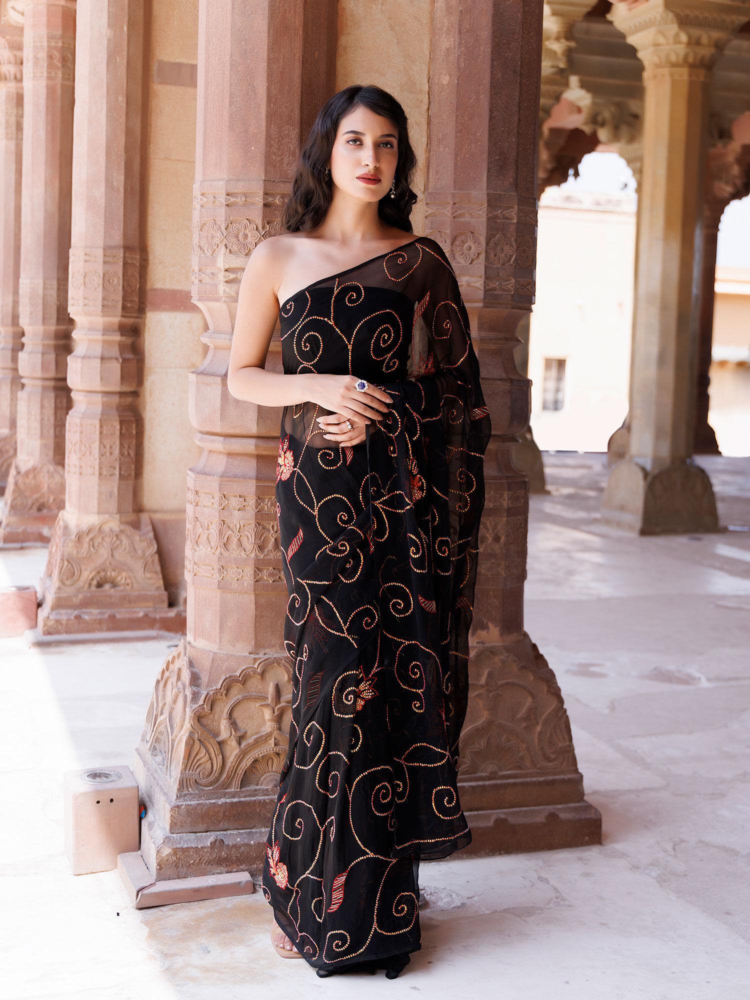 black hand embroidered sequins jaal chiffon saree