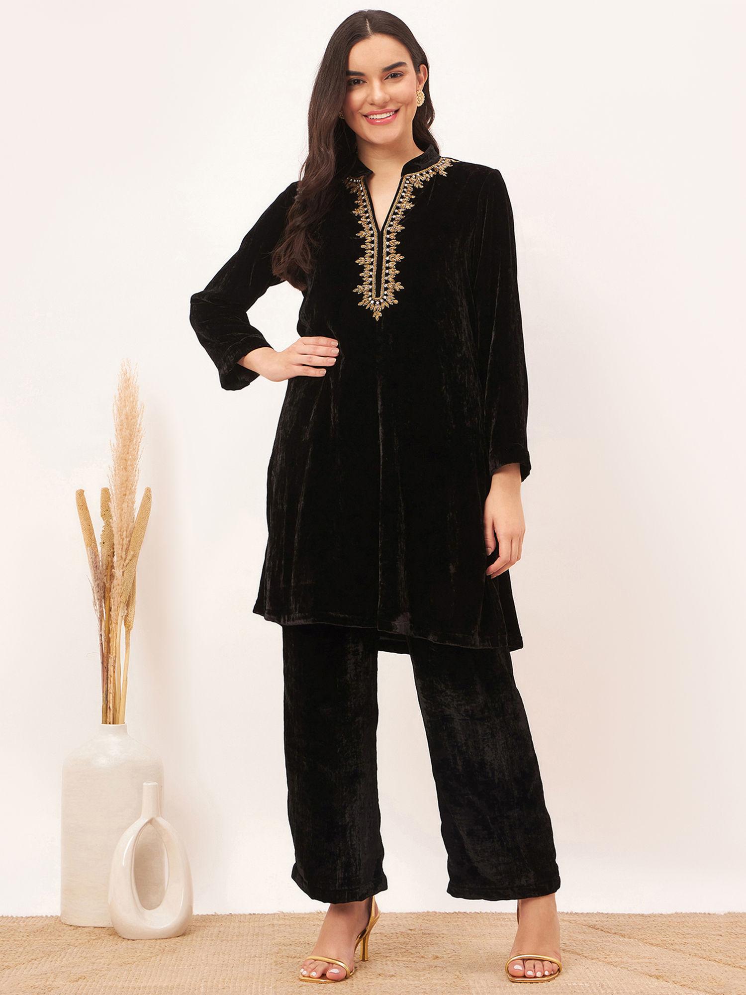 black hand embroidered silk velvet kurta co-ord