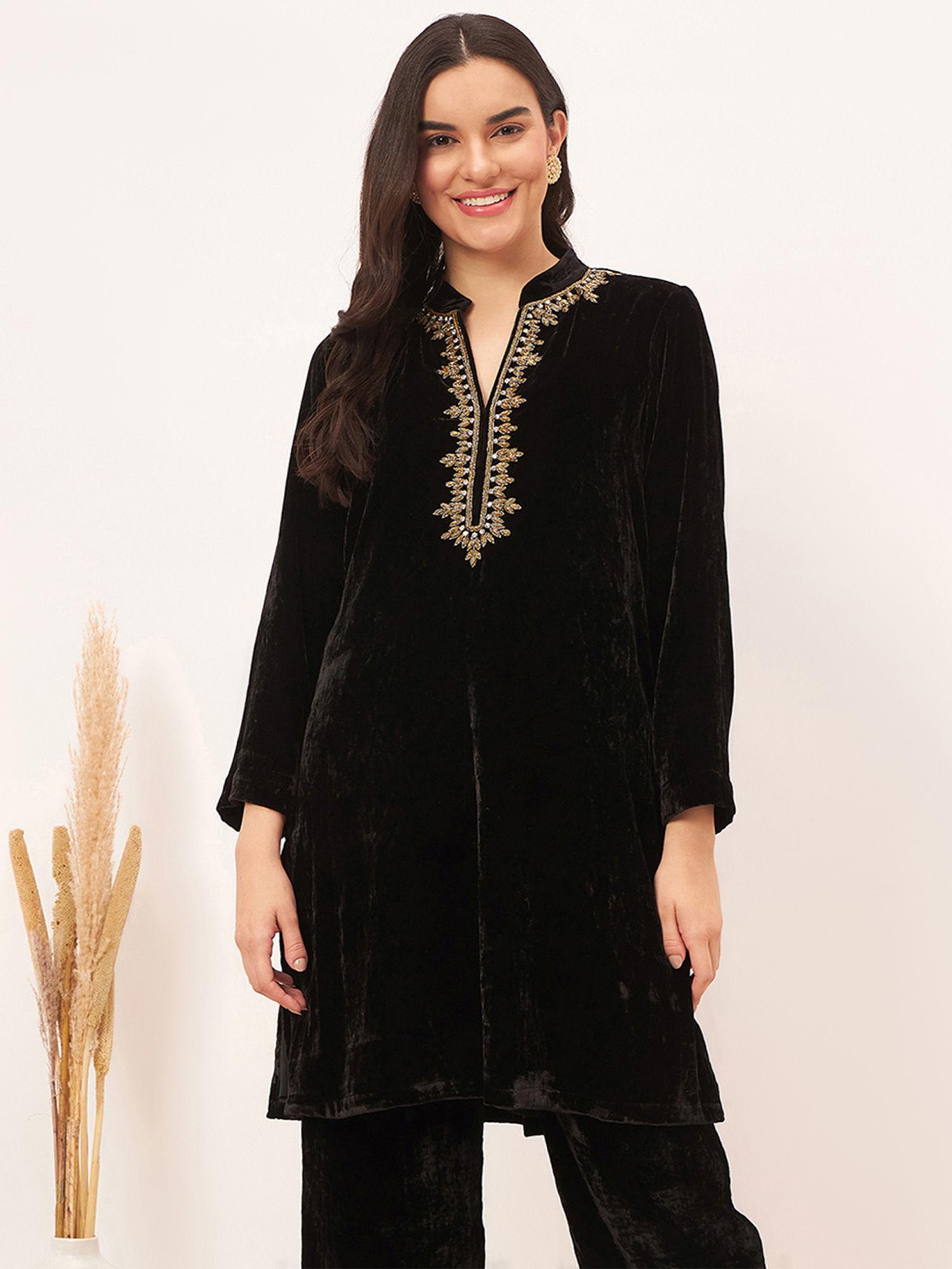 black hand embroidered silk velvet kurta