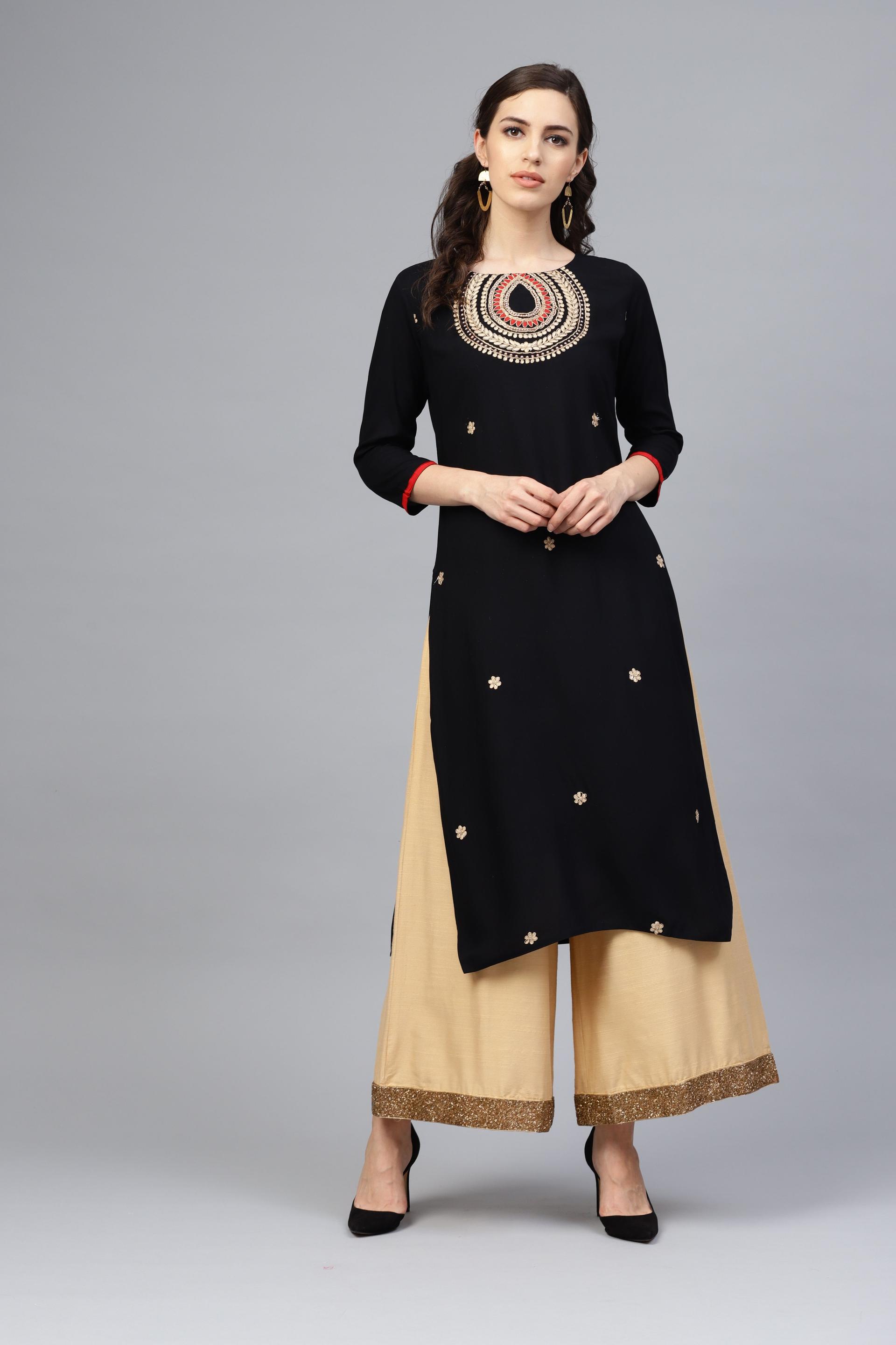 black hand embroidered straight rayon kurta