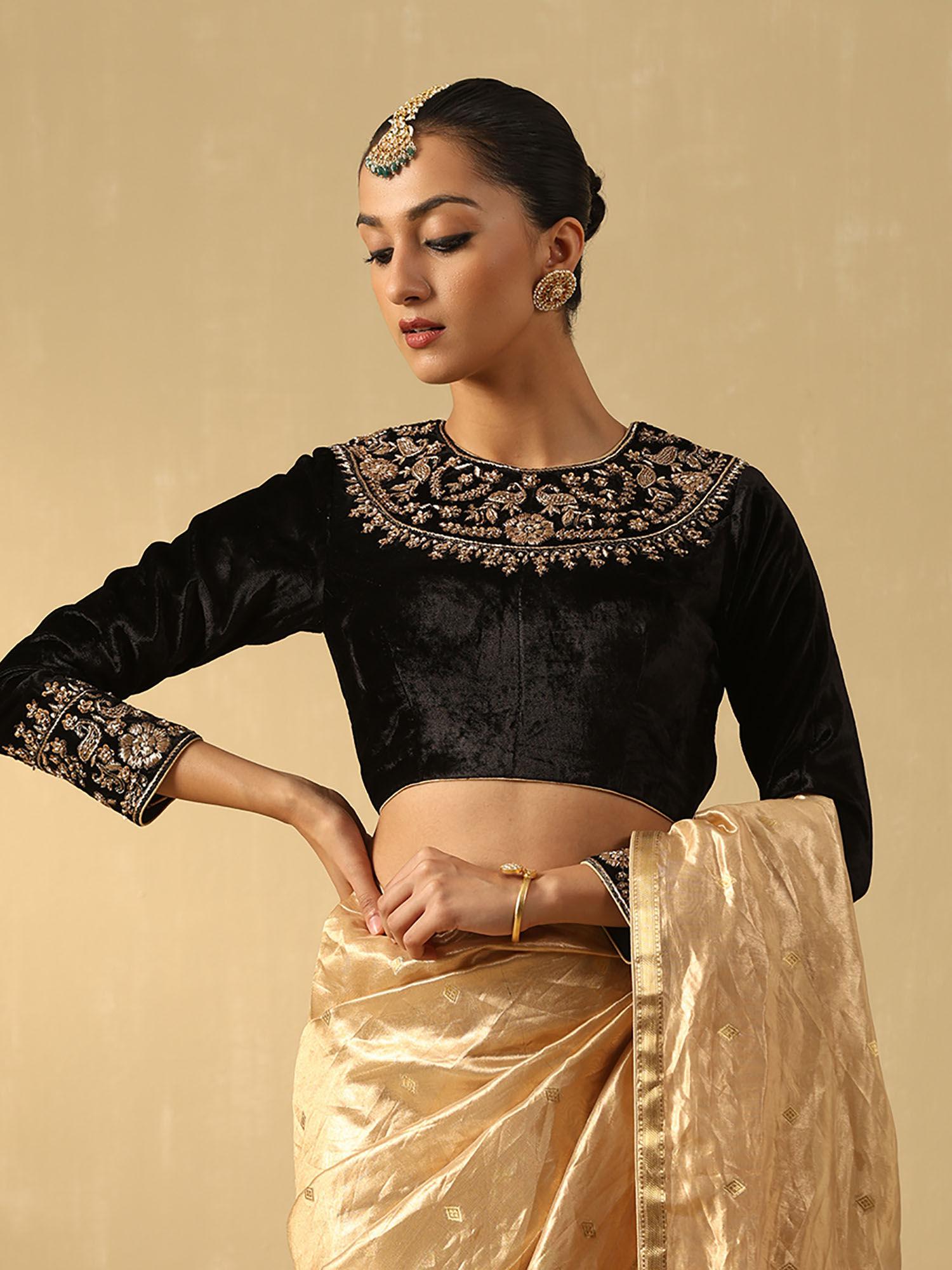 black hand embroidered zardozi silk velvet blouse