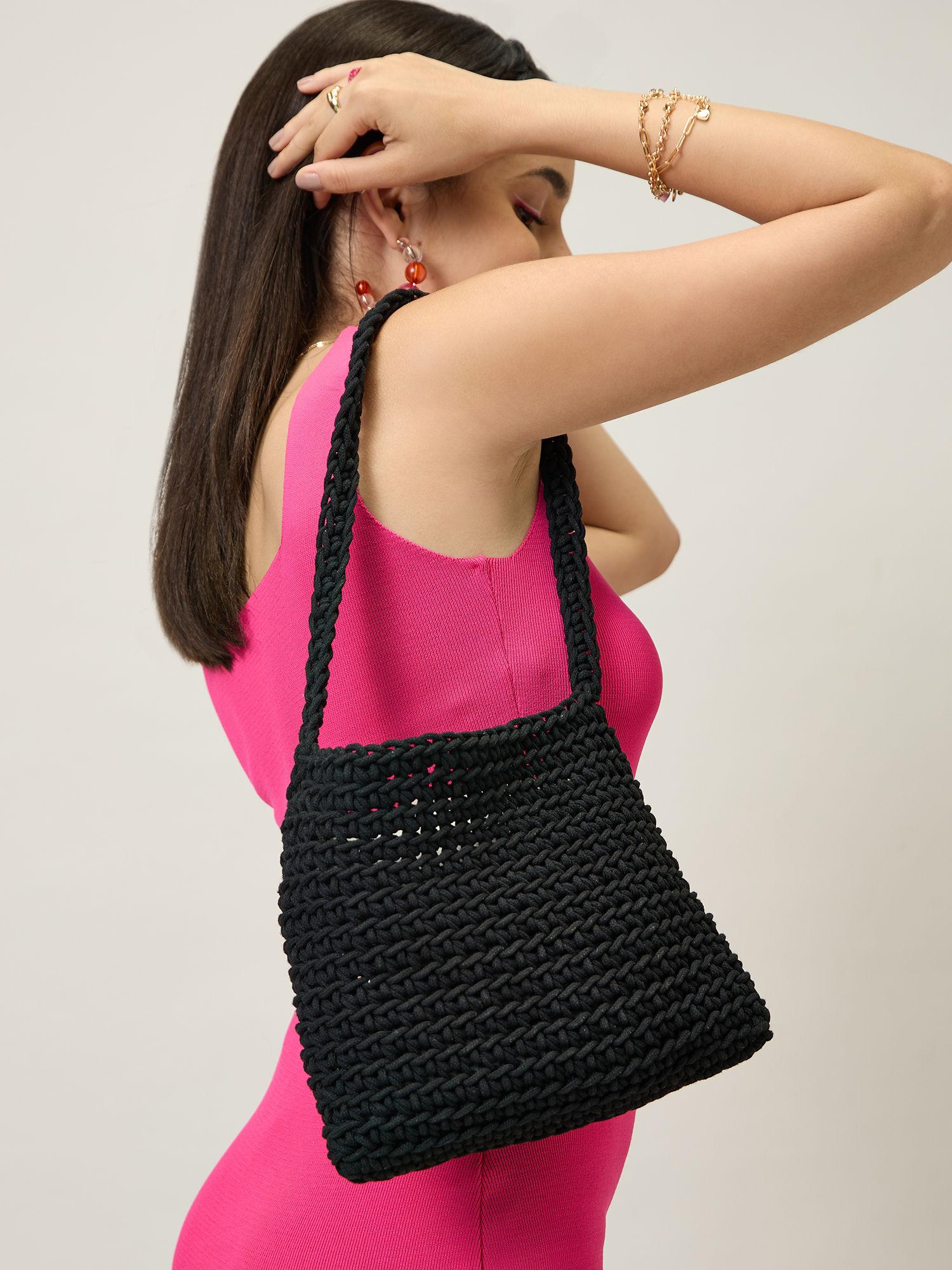 black hand knitted small shoulder bag