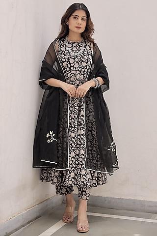 black handblock cotton anarkali set