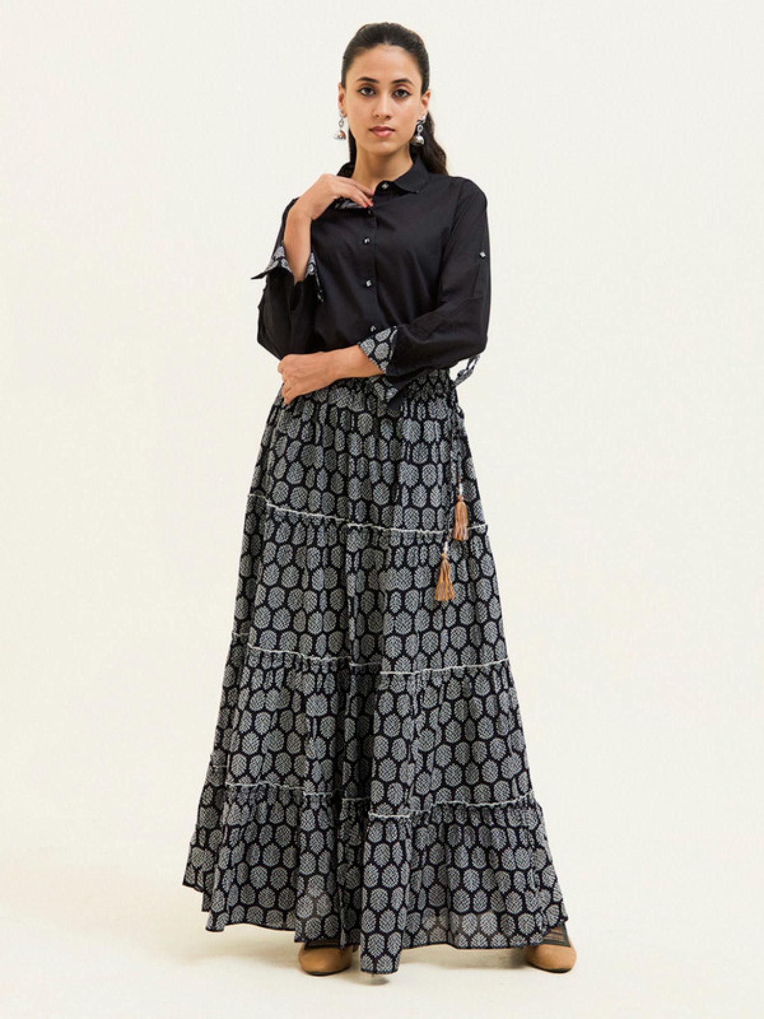 black handblock printed cotton skirt