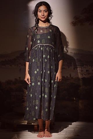 black handloom chanderi printed & embroidered dress
