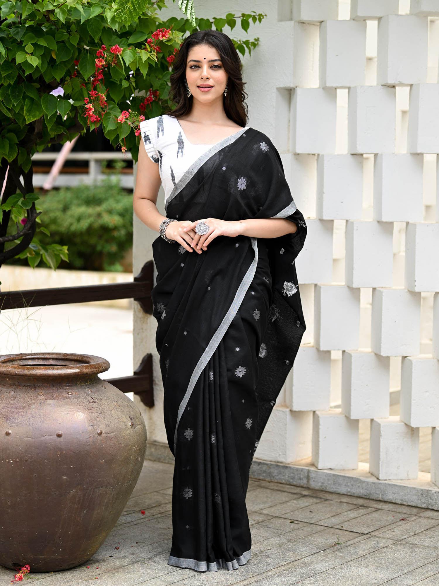 black handloom cotton jamdani saree with unstitched blouse