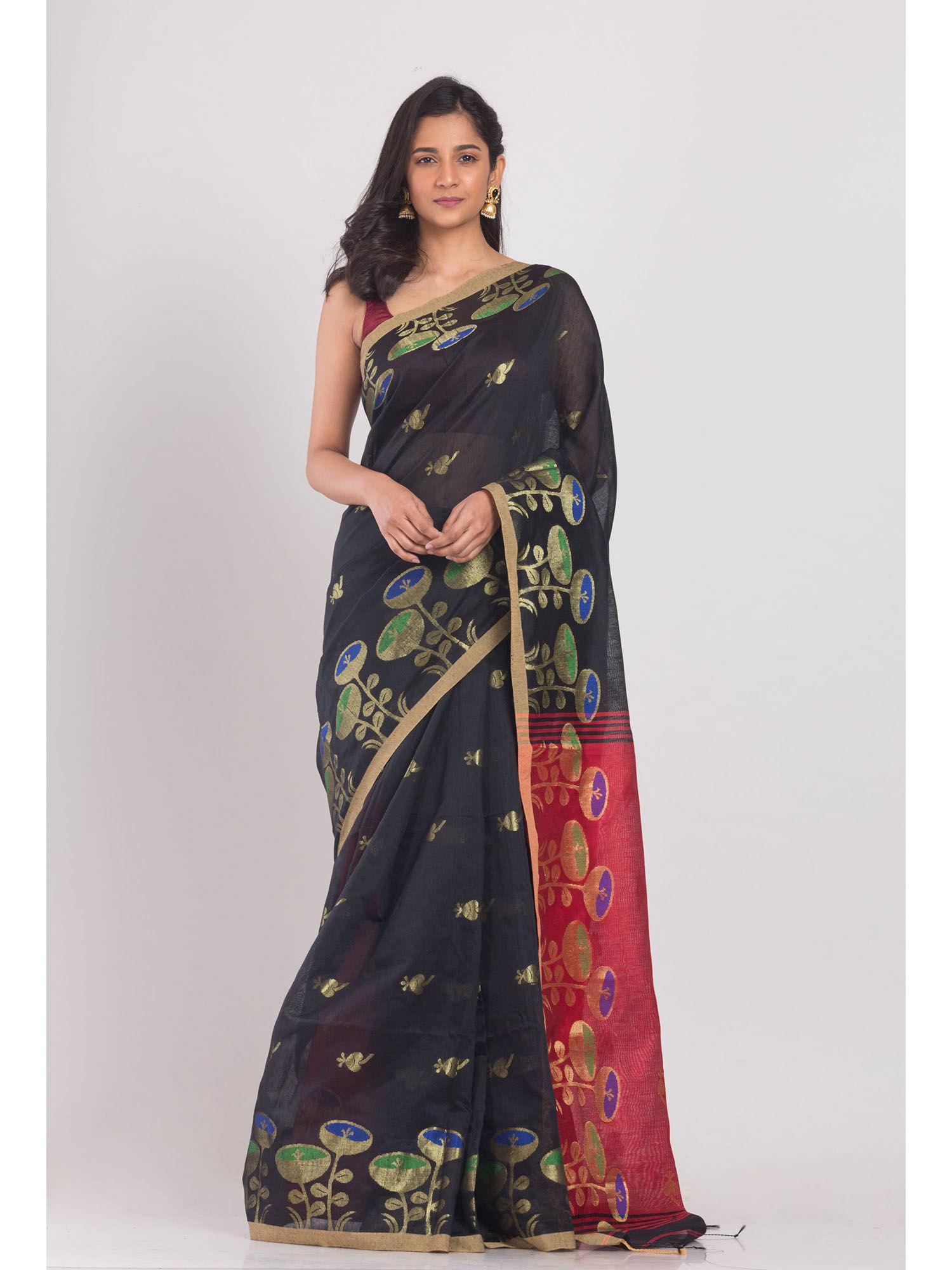 black handloom cotton silk saree with unstitched blouse