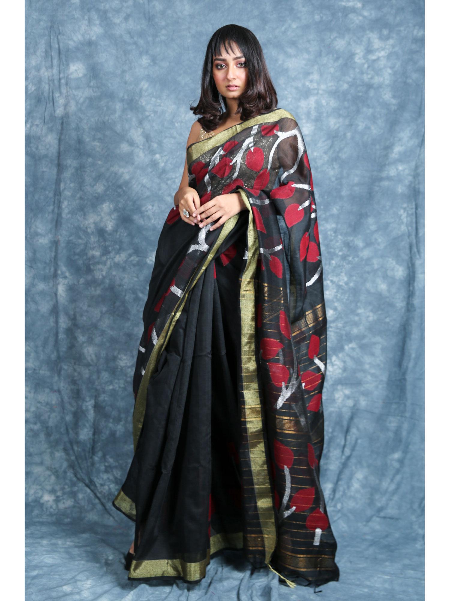 black handloom saree with zari weaving and unstitched blouse