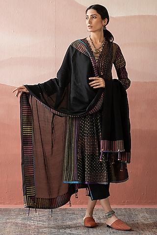 black handwoven chanderi embellished & handblock printed kurta set