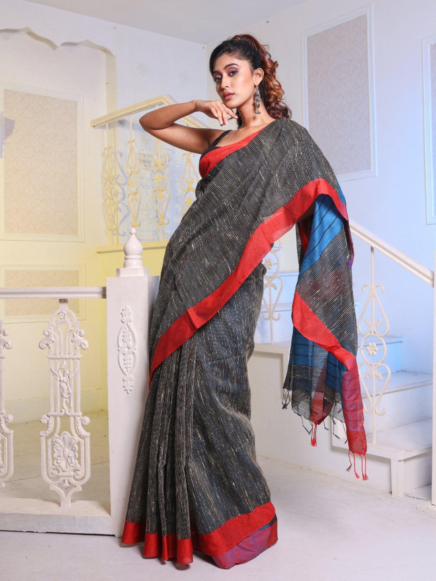 black handwoven cotton blend gheecha saree with unstitched blouse