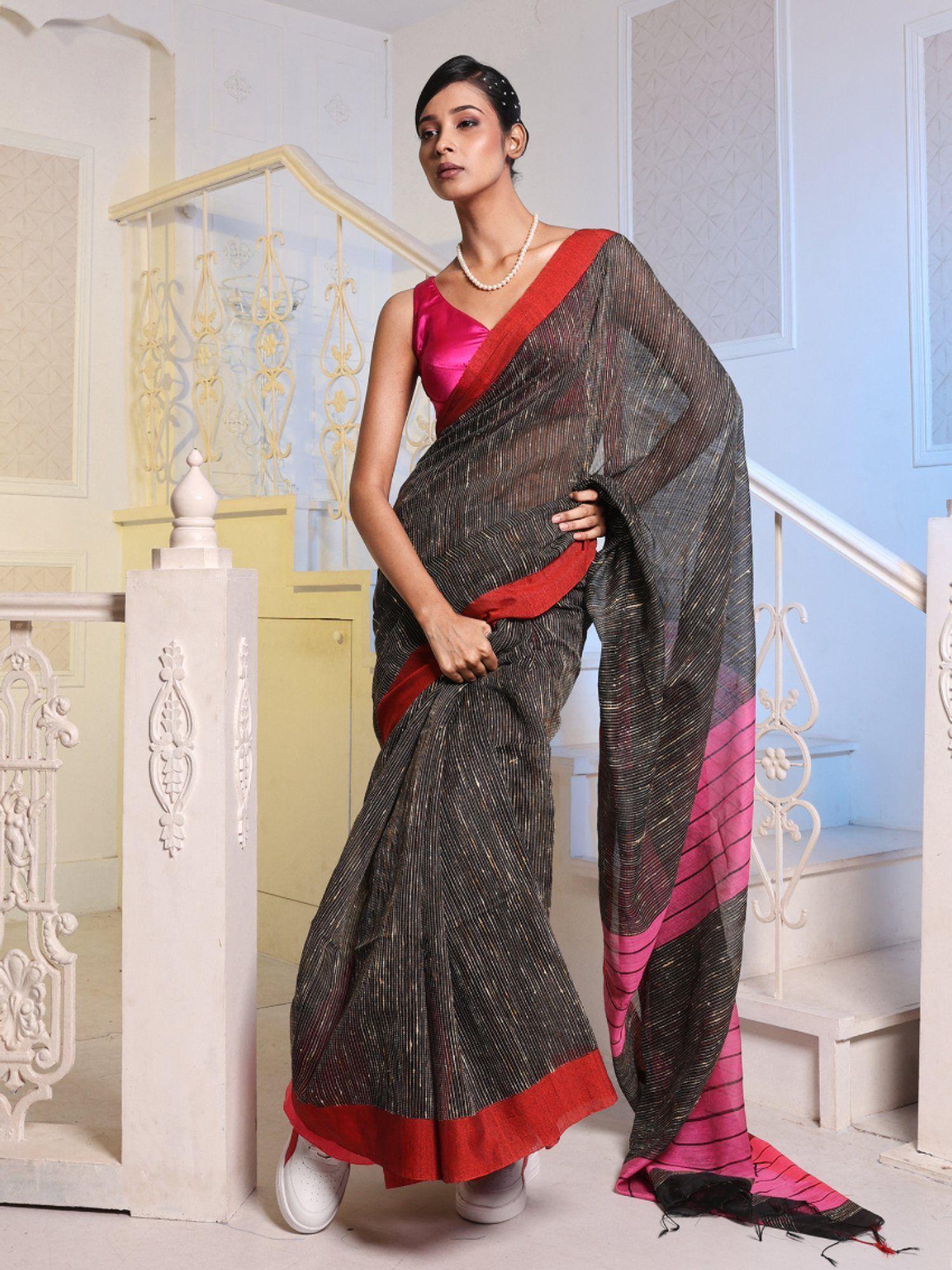 black handwoven cotton blend gheecha saree with unstitched blouse