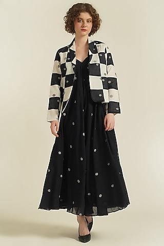 black handwoven jamdani cotton checkered jacket dress