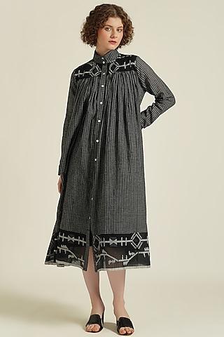 black handwoven jamdani cotton gathered shirt dress