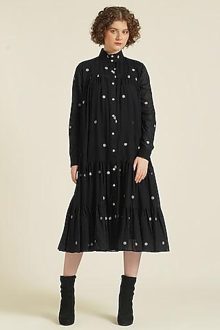 black handwoven jamdani cotton tiered midi shirt dress