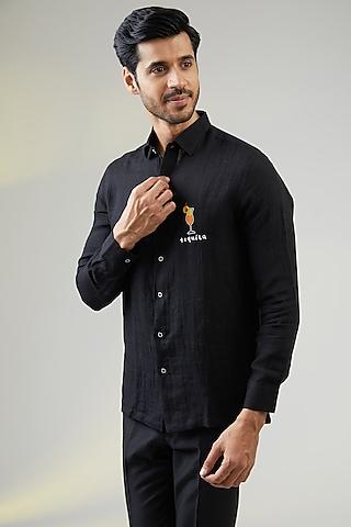 black handwoven linen hand embroidered shirt