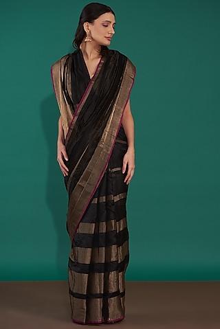 black handwoven pure chanderi silk striped saree set