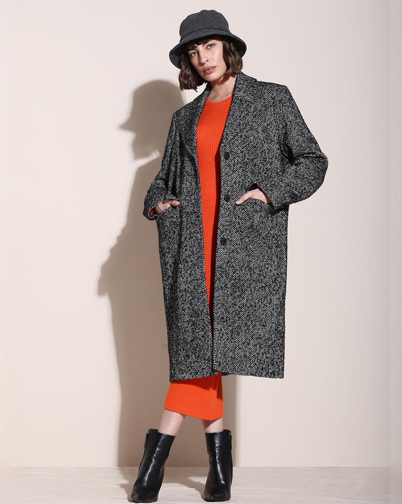 black herringbone coat