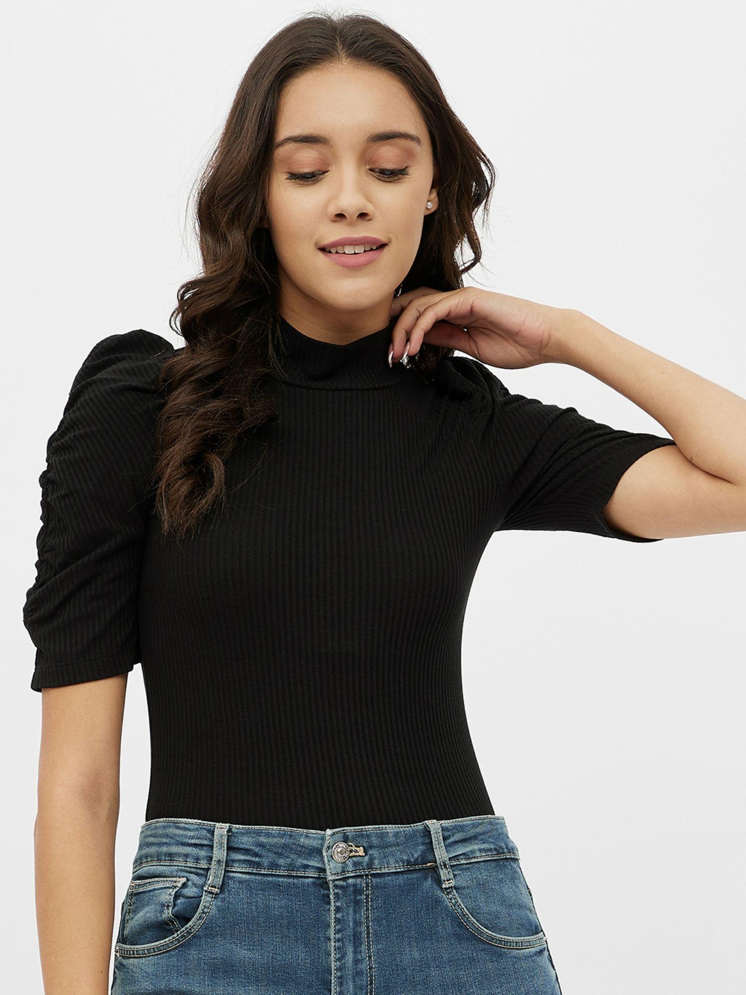 black high neck short sleeves solid casual top