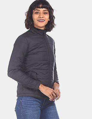 black high neck solid quilted jacket