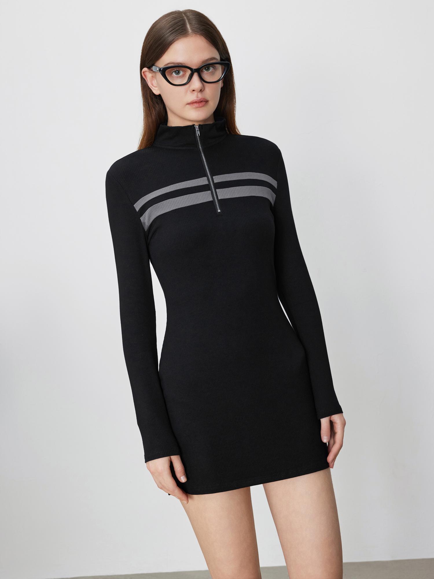 black high neck zipper stripes mini dress