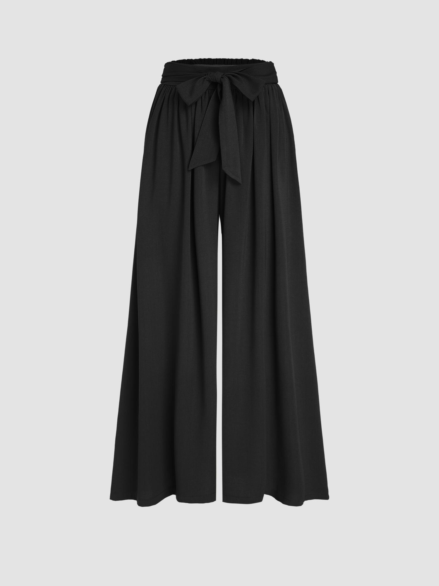 black high rise bowknot shirred wide leg trouser