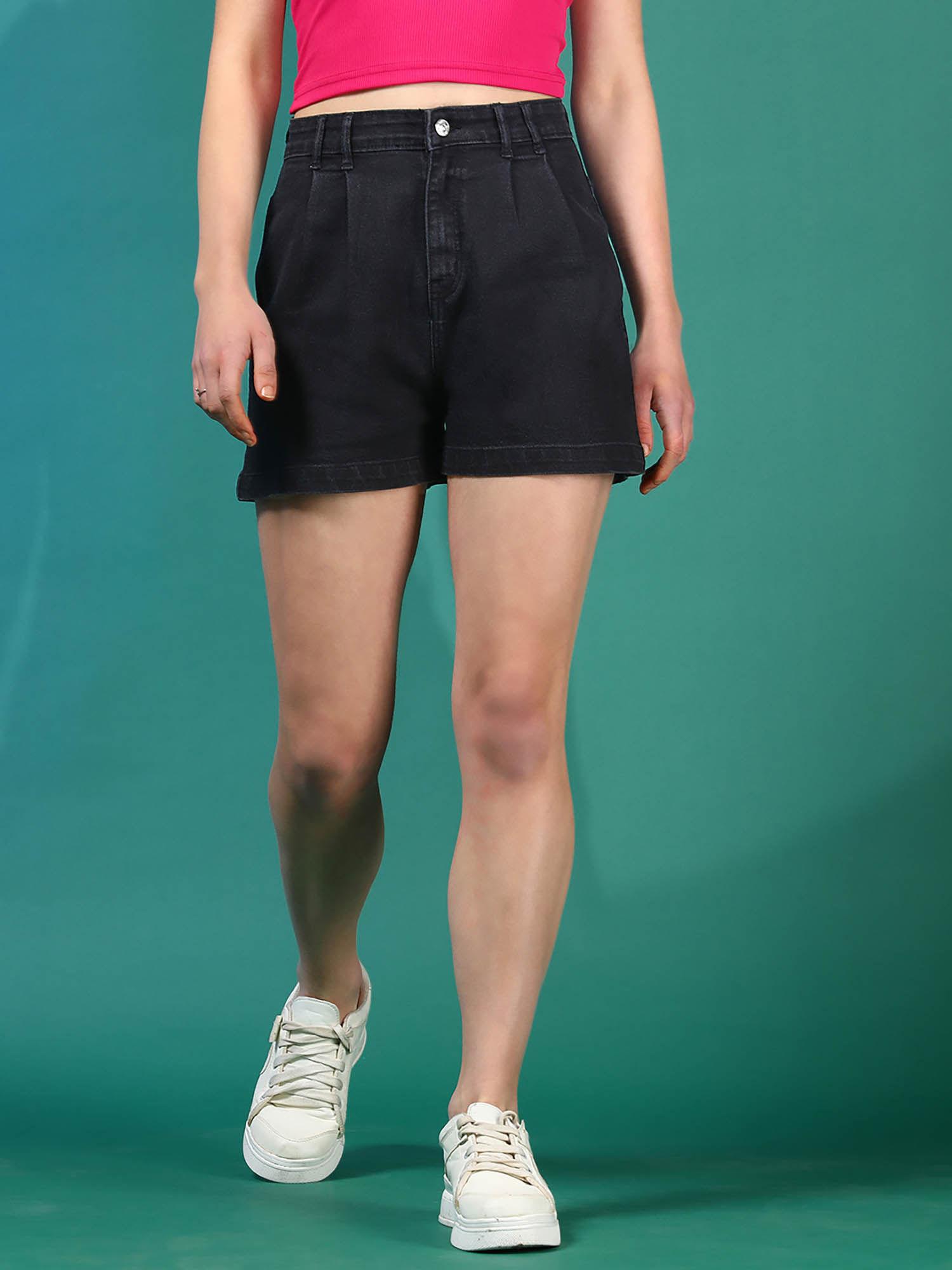 black high-rise denim shorts