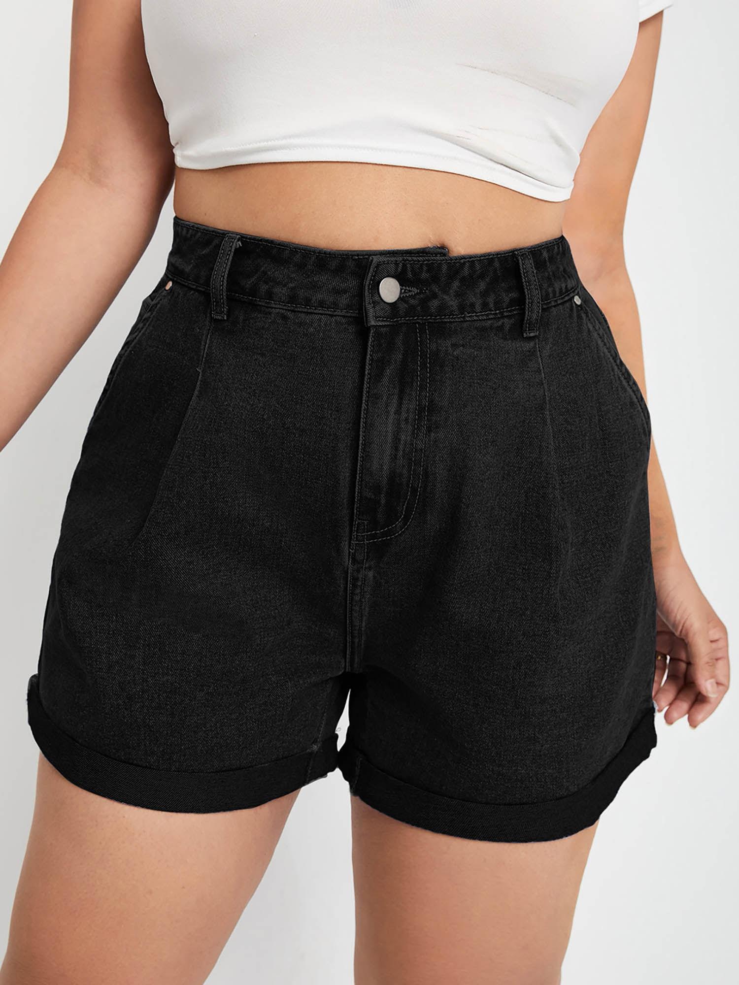 black high-rise denim shorts