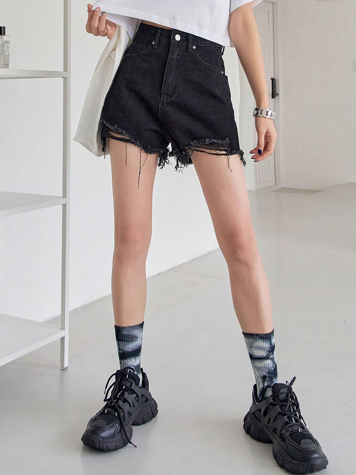 black high-rise denim shorts