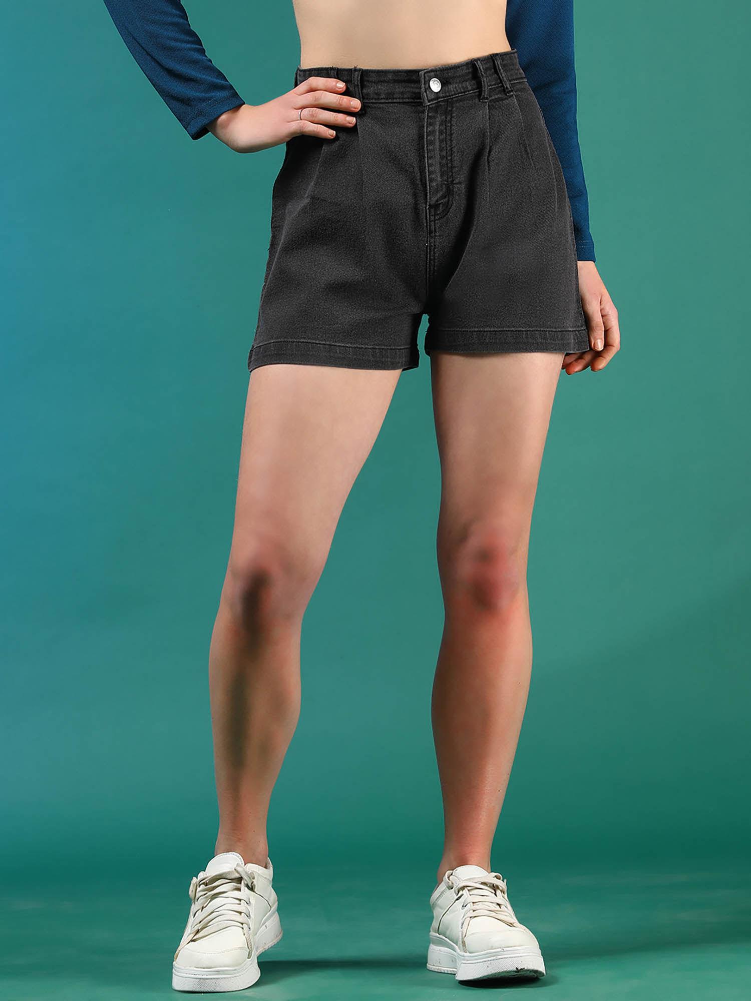 black high-rise denim shorts