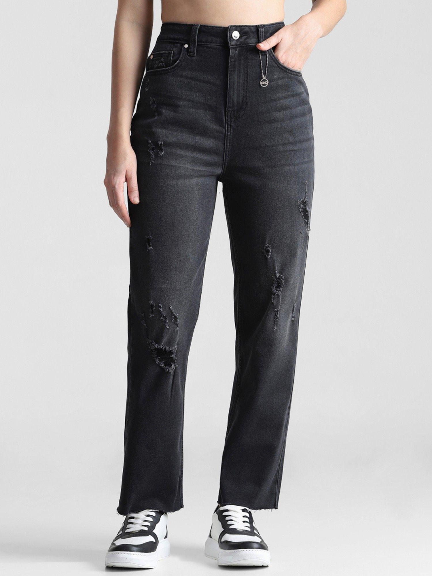 black high rise distressed straight fit jeans