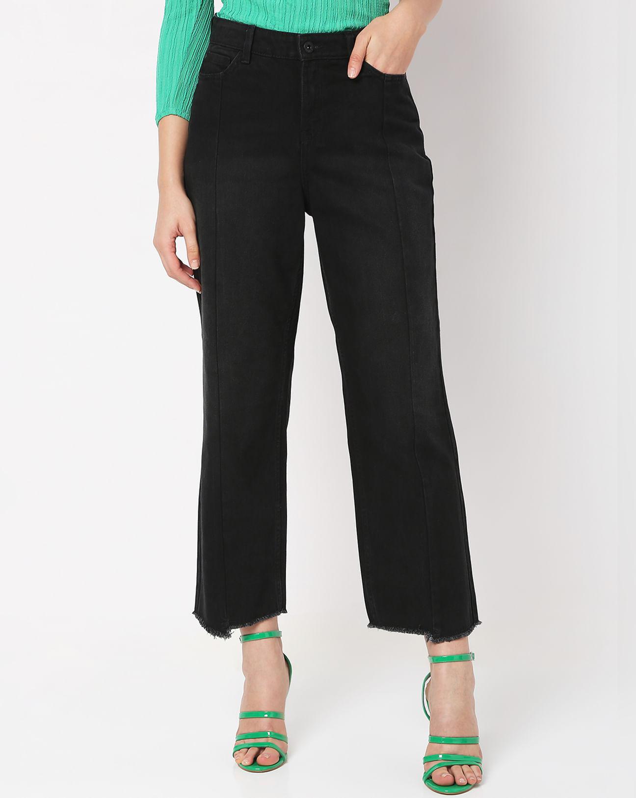 black high rise frayed wide leg jeans