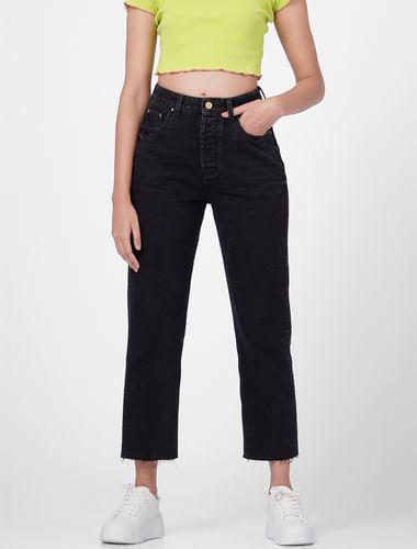 black high rise straight jeans