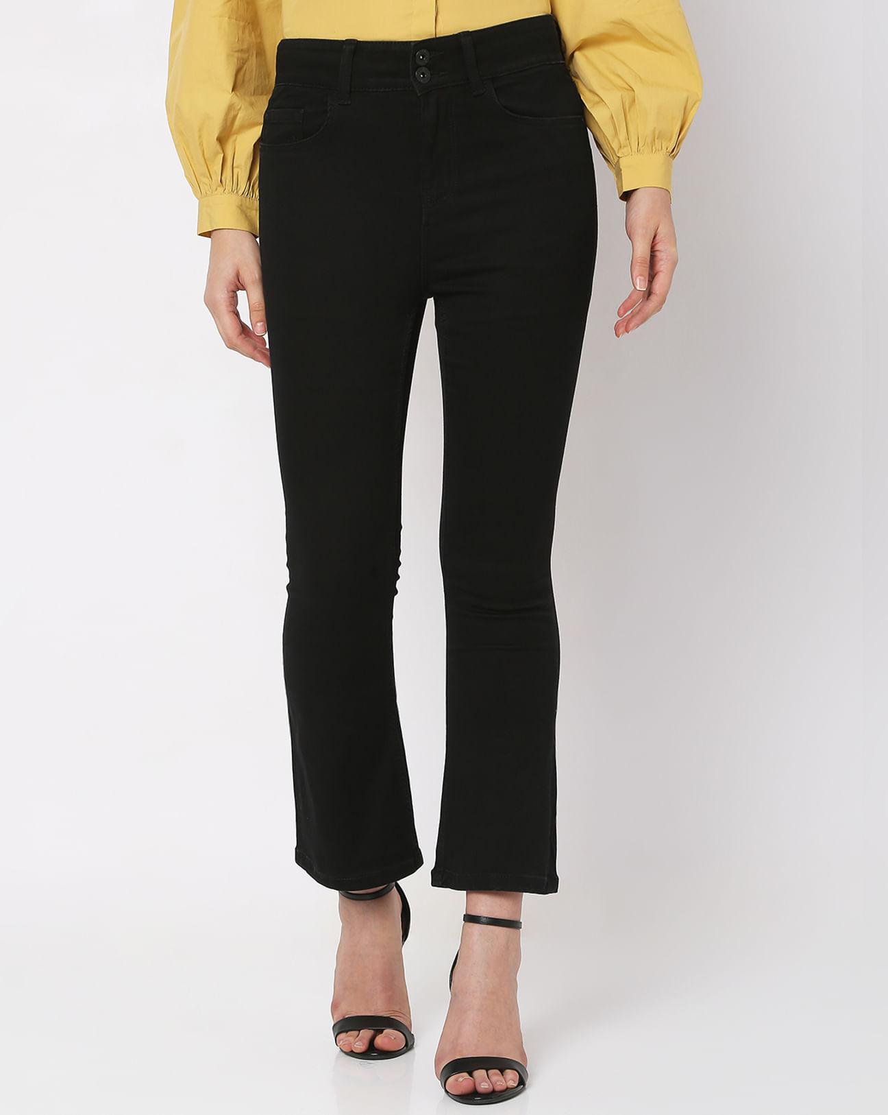 black high rise twin button bootcut jeans