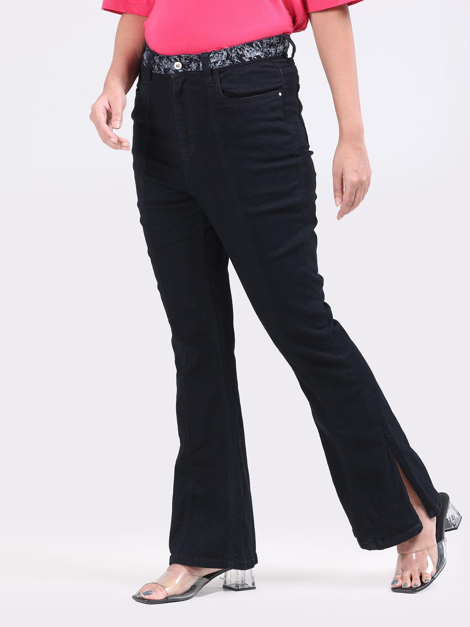 black high waist boot cut jeans with side slit and cut and sew