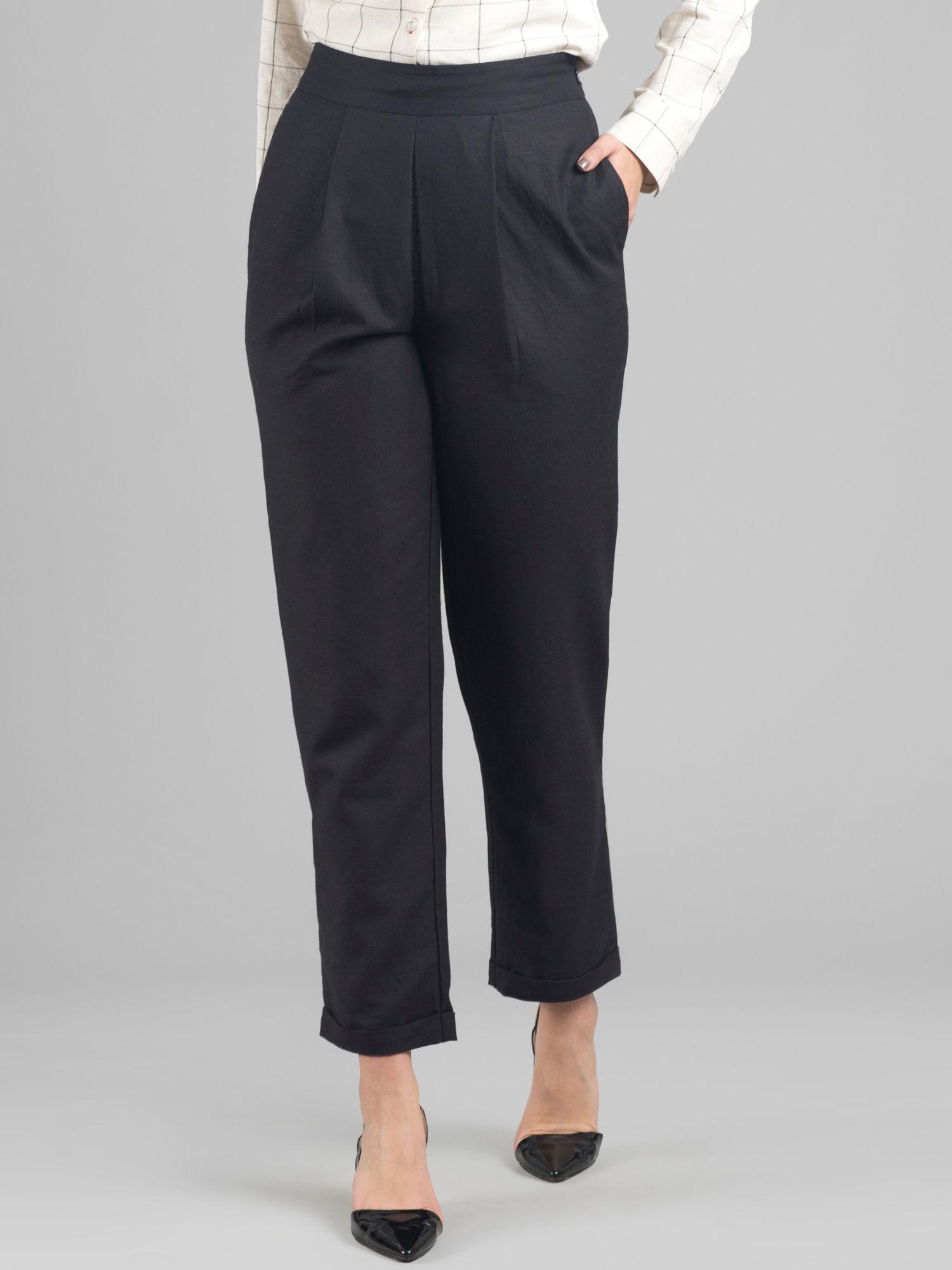 black high waist side zipper turn up trousers