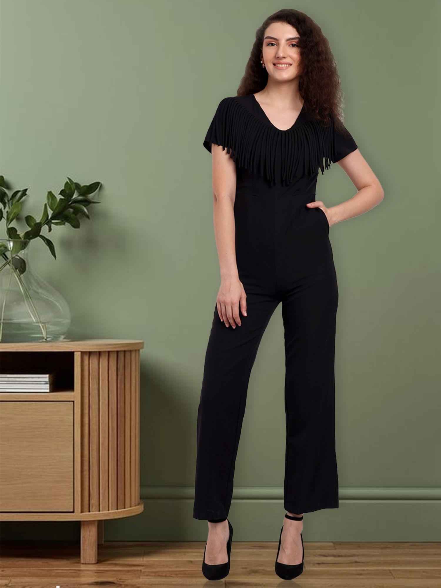 black high waisted jumpsuit with v-neckline & fringe detailing