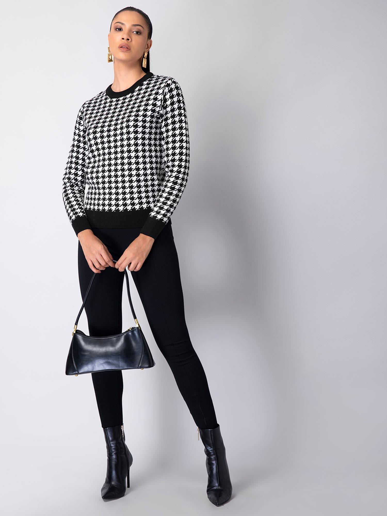 black houndstooth puff sleeve sweater