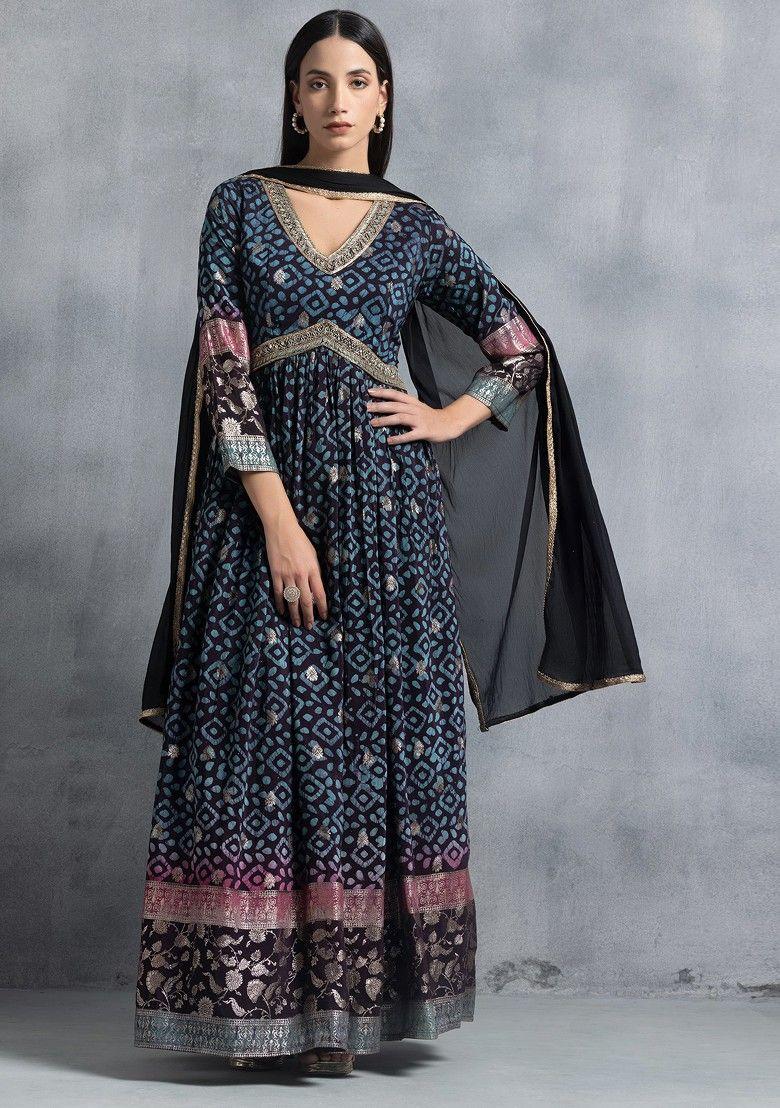 black ikat print sequin embellished anarkali with dupatta