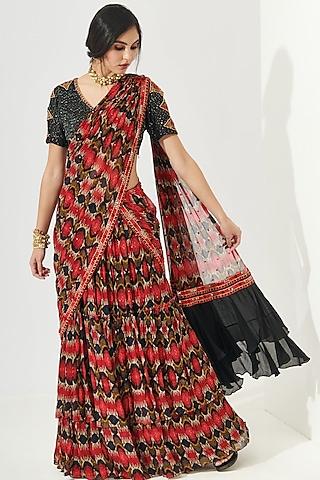 black ikat printed draped saree set